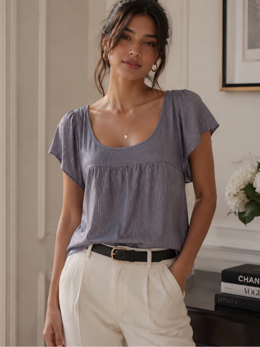 Gitano Gray Metallic Accent Classic Chic Blouse Size L